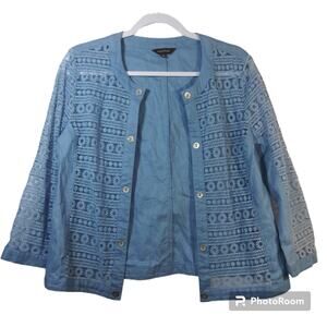 Multiples Blue Linen Open Front Crochet Jacket Cardigan Size Small